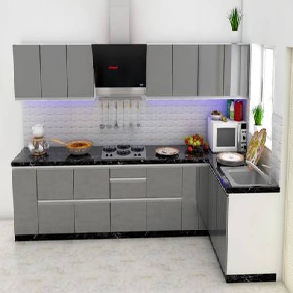 Grey Color L Shape Modular Kitchen in Raipur, - Om modular kitchen