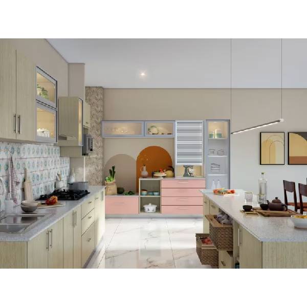 Rustic Beige Straight Modular Kitchen With Island in Noida - Utico