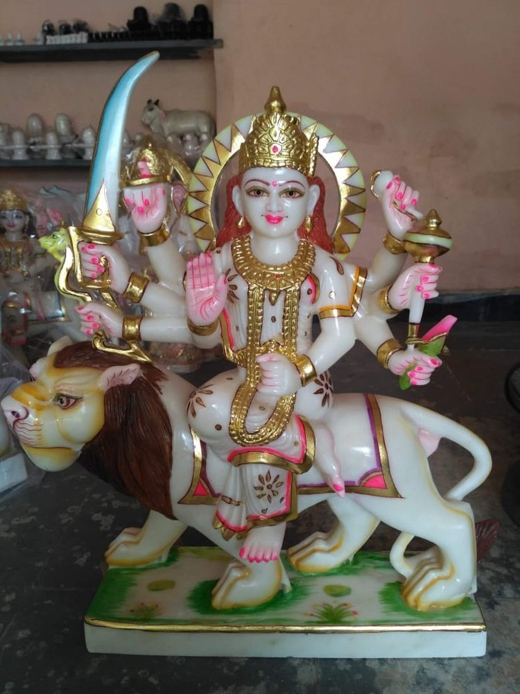 Sitting Painted Durga Maa Marble Statue, For Temple Manufacturer