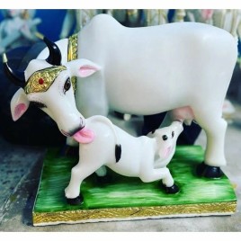 3.5 Feet Kamdhenu Cow And Calf Marble Statue