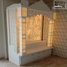 Glossy White Corian Temple Back With Lord Ram Darbar For Home, Size/Dimension: 60"" X 21"" X 90""