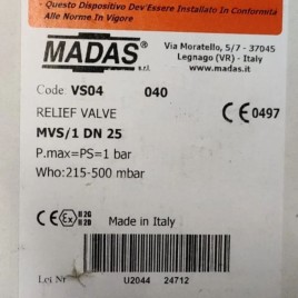 Stainless Steel 1/2 Inch MADAS VS040022010MVS 200-1000 PRESSURE RELIEF VALVE