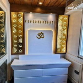 White Glossy Corian Mandir With Gold Leaf Design, Size/Dimension: 48"" X 21"" X 84"", For Home
