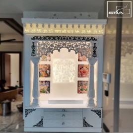 White Glossy Corian Mandir With Mother Of Pearl Design, Size/Dimension: 66"" X 24"" X 102"", For Home